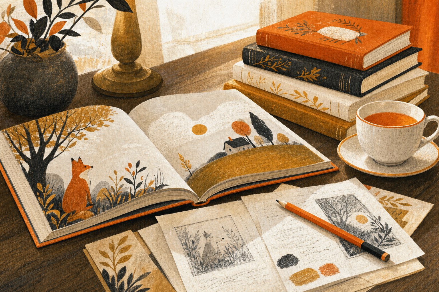An open illustrated children's book beside notes, a pencil, and a stack of books