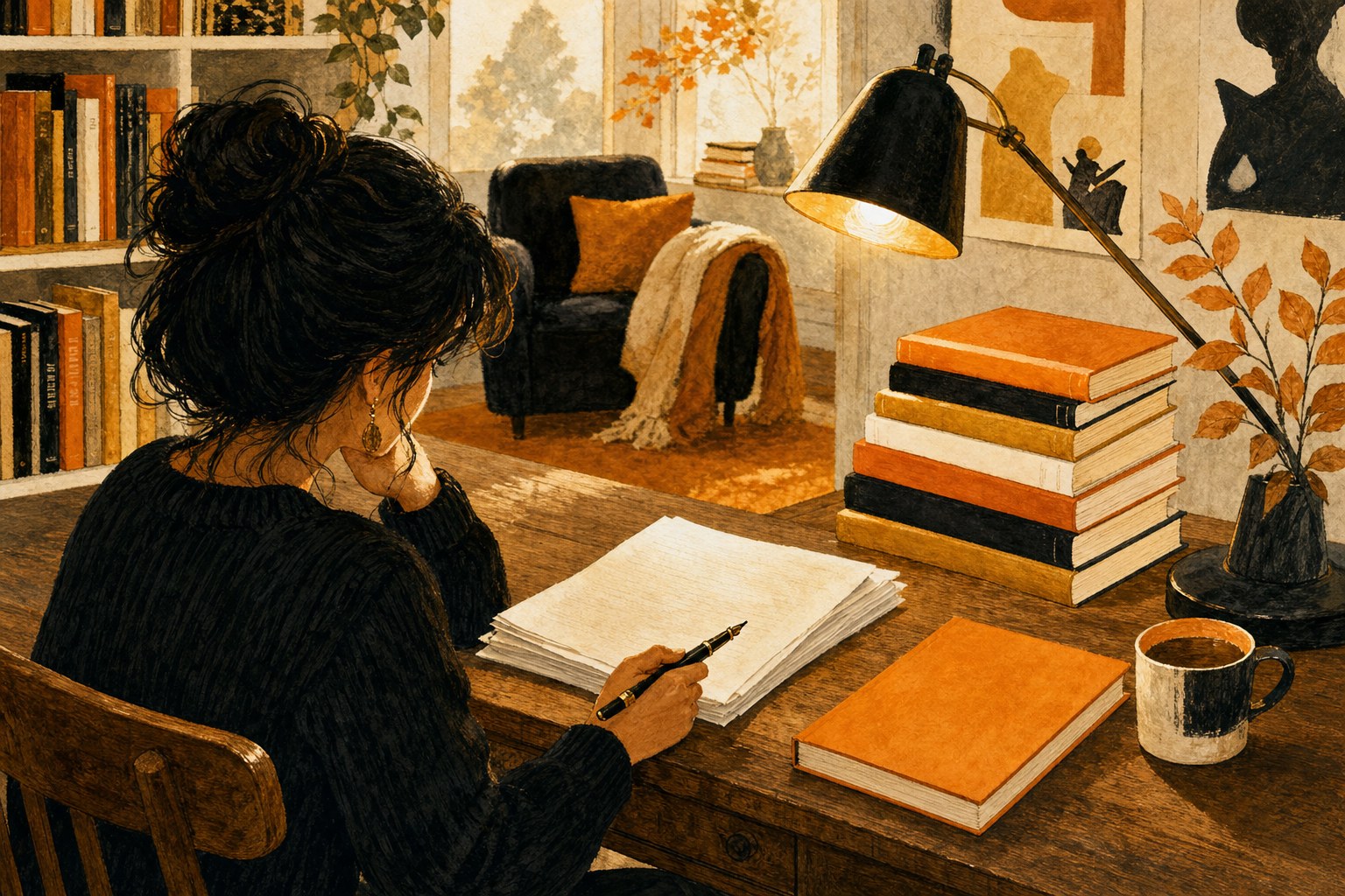 An author preparing a children's book feature at a warmly lit desk