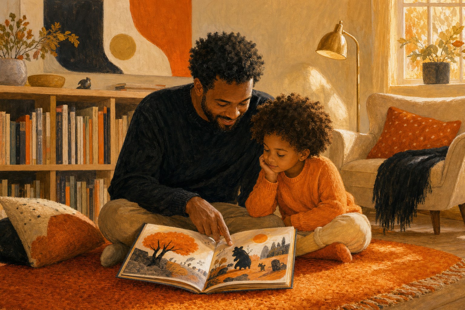 A parent and child reading a picture book together