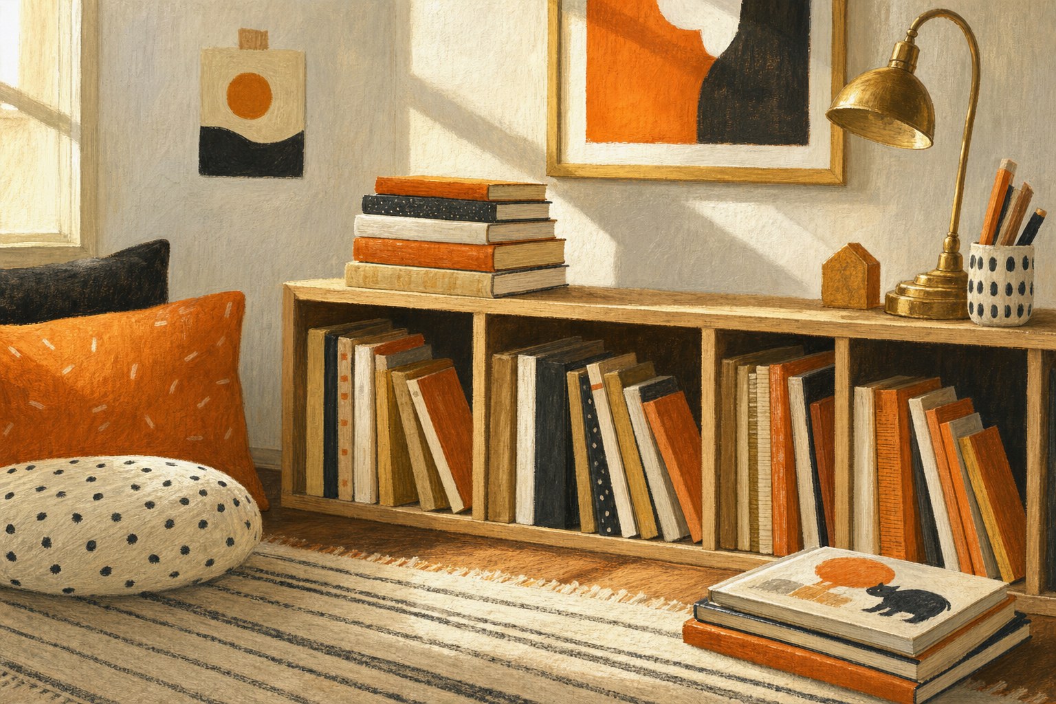 A warm reading nook with a low bookshelf and brass reading lamp