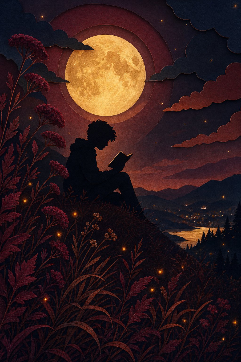 Illustrated reader sitting beneath a full moon