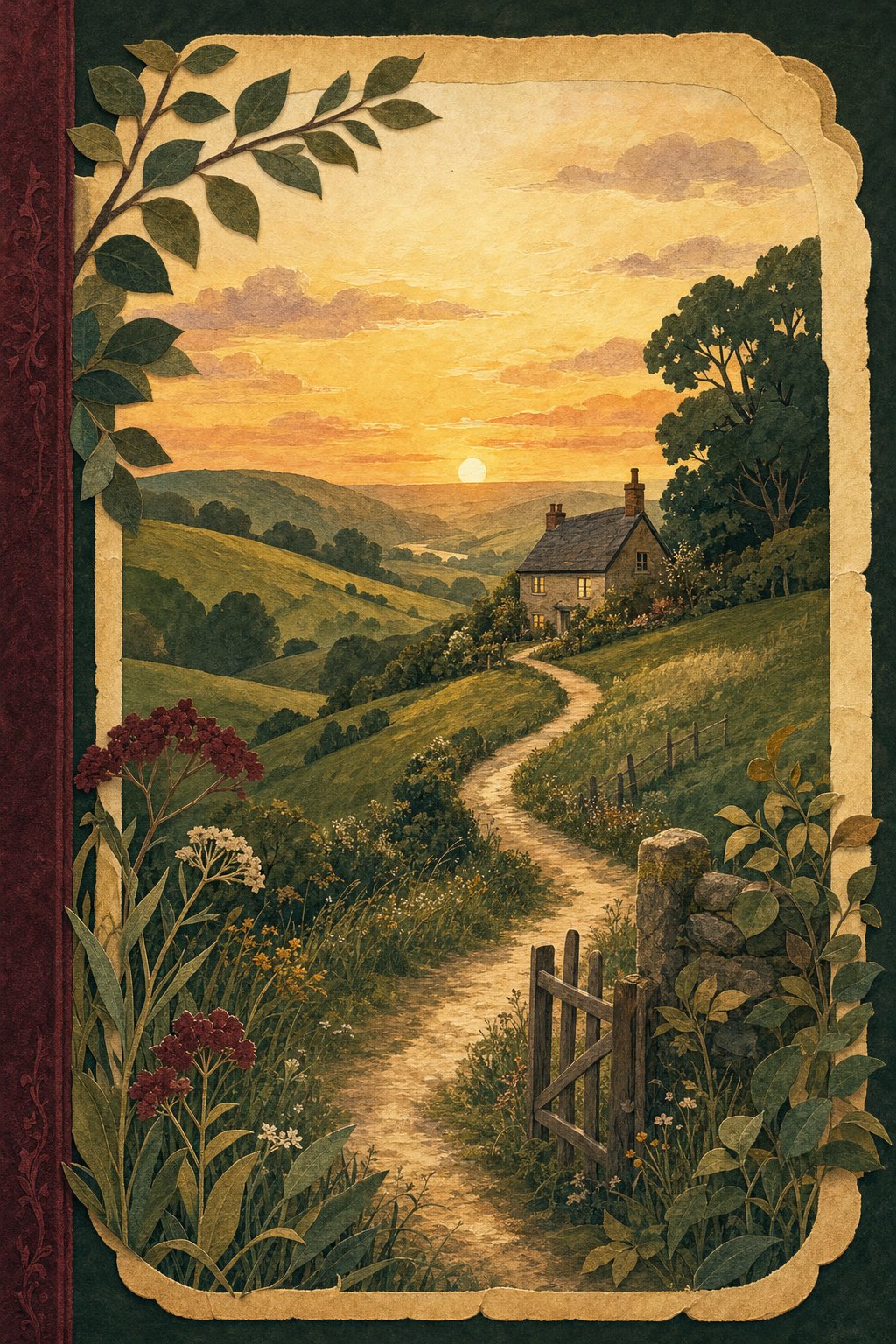 Illustrated path through a storybook landscape