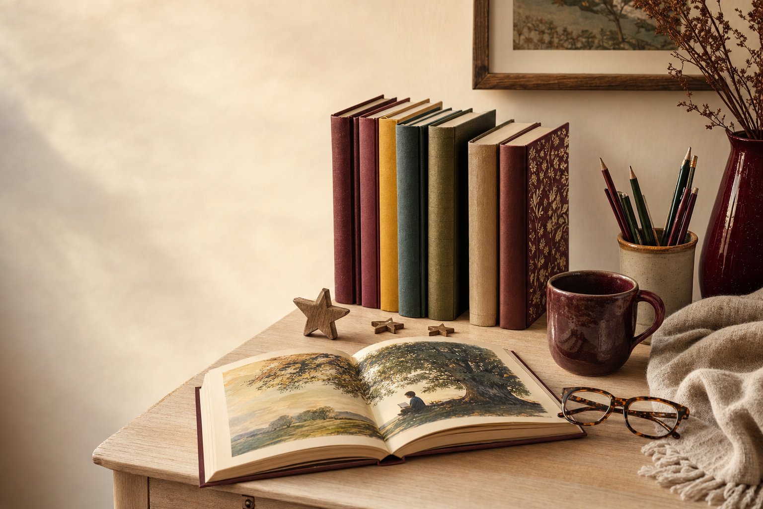 Books, reading glasses, a warm mug, and wooden stars on a reading desk