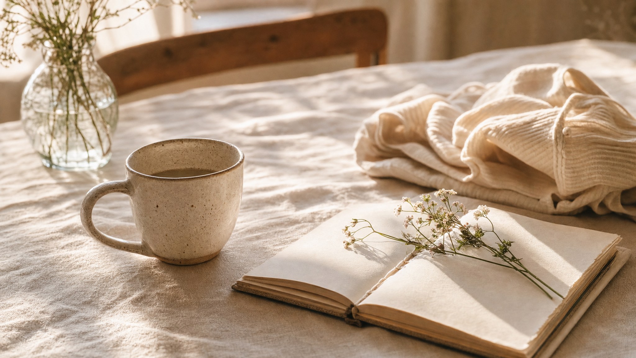 Ceramic mug, blank journal, flowers, and folded cream clothing in morning light