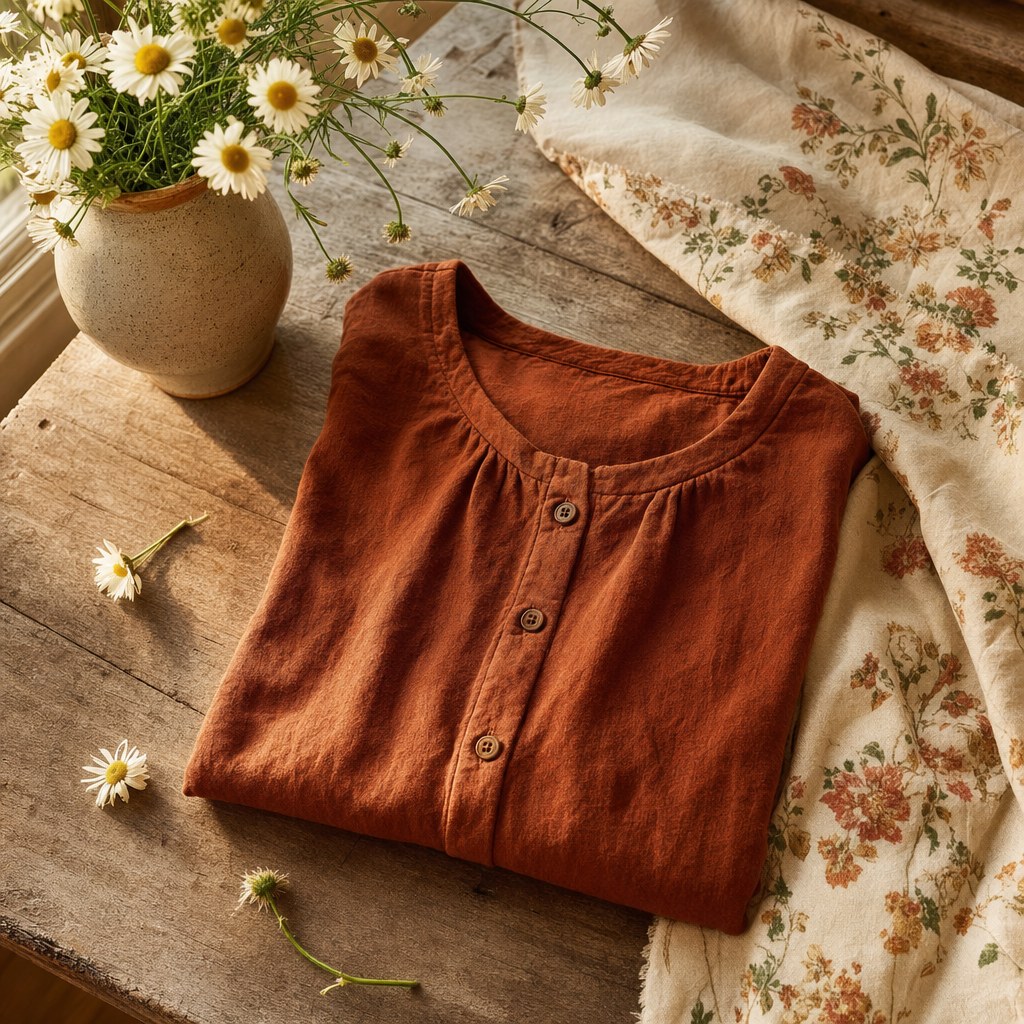 Rust-colored shirt, daisies, and cottage textiles in warm light