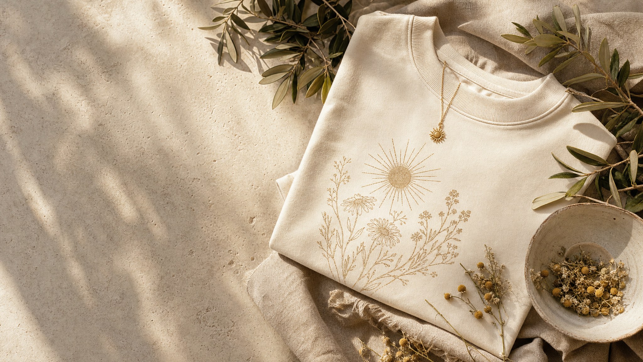 Sunlit shirt, pendant, and wildflowers arranged together