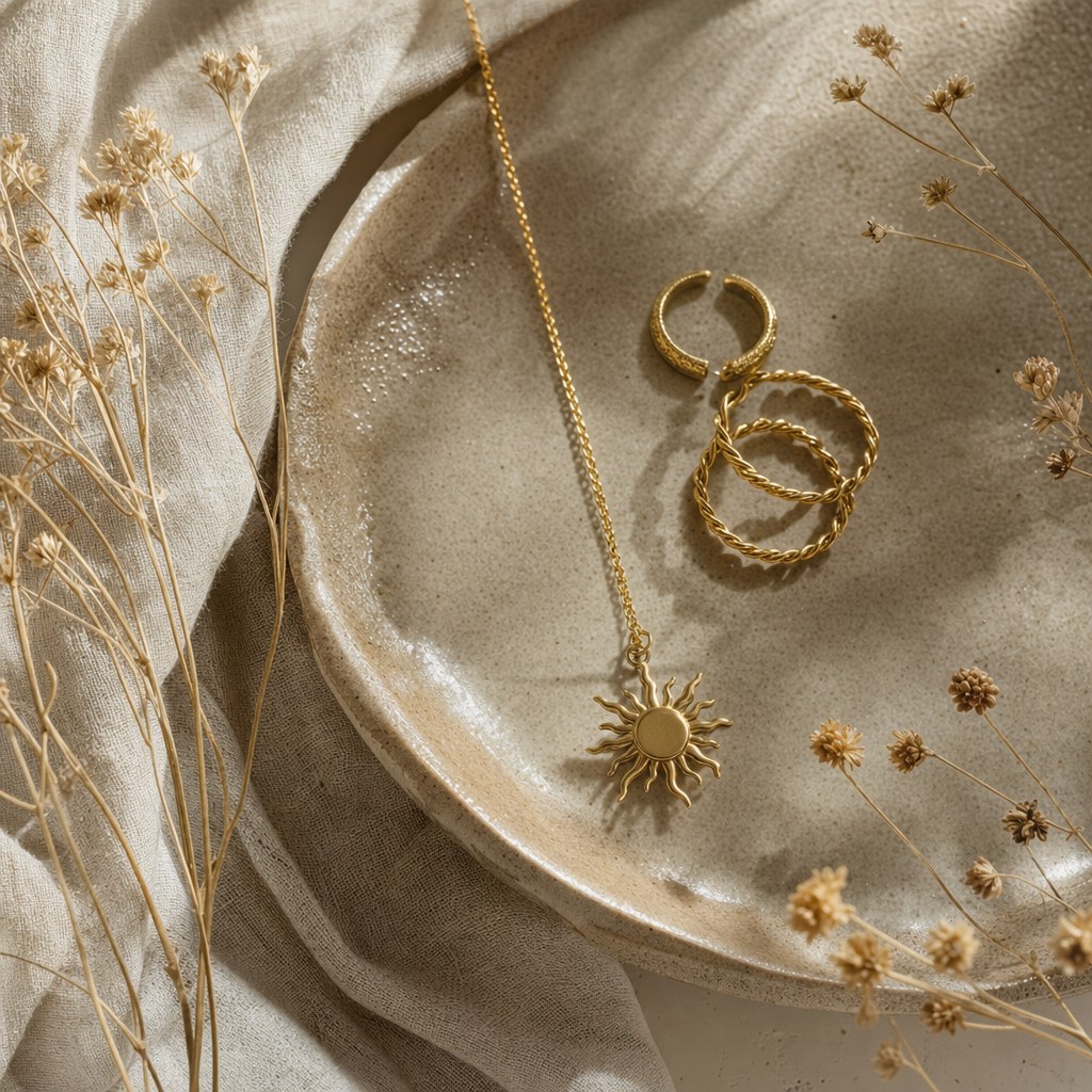 Gold jewelry resting on handmade ceramic in warm light