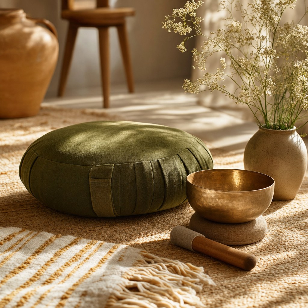 Meditation cushion and singing bowl in warm morning light