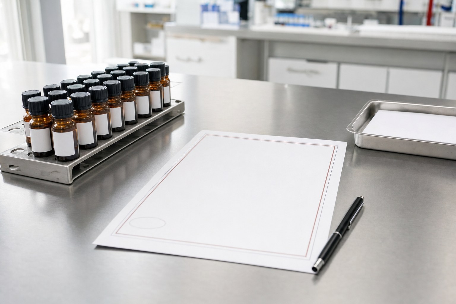 Amber laboratory vials beside a quality document on a stainless laboratory bench
