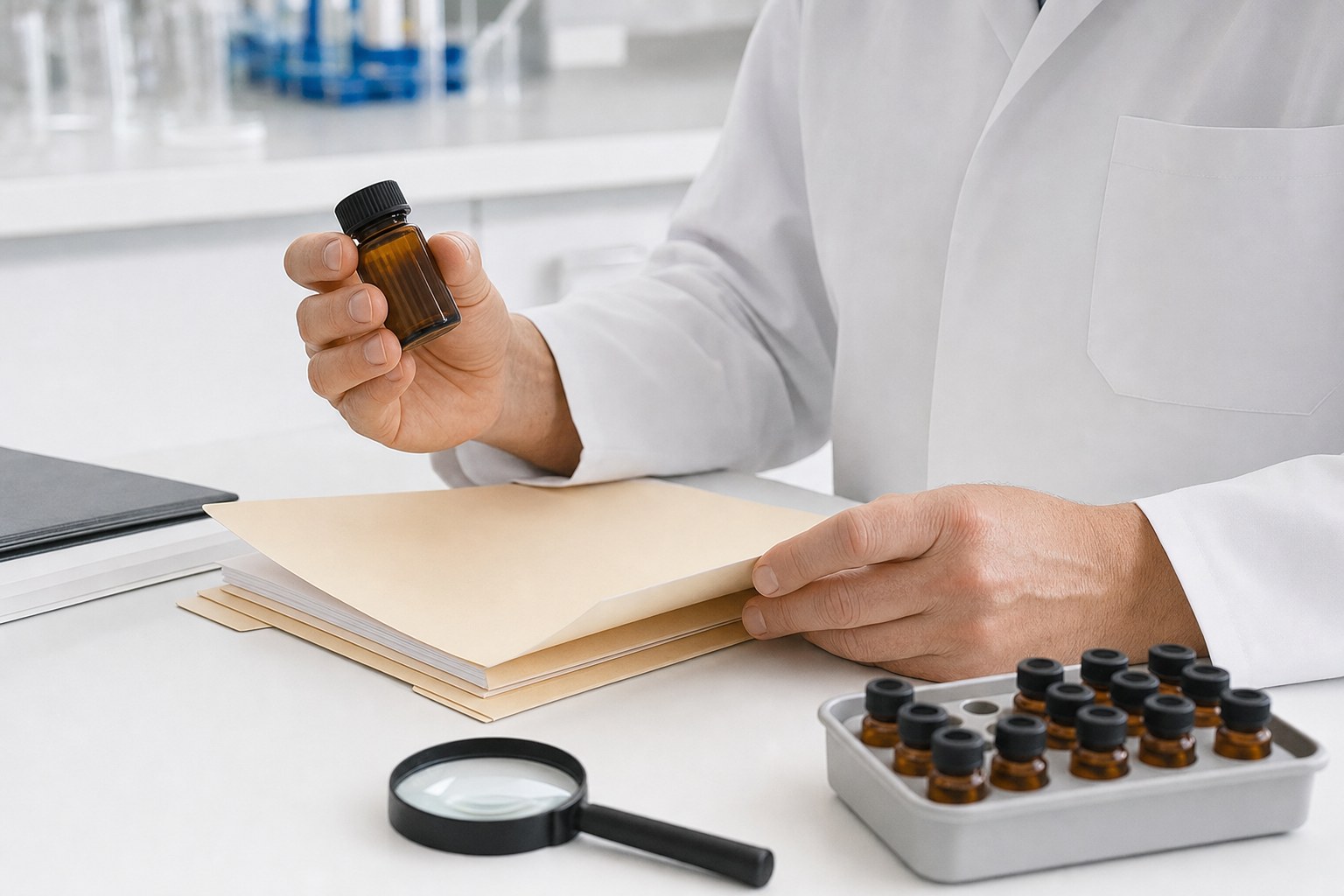 Quality professional comparing an amber vial with a document folder and sample tray