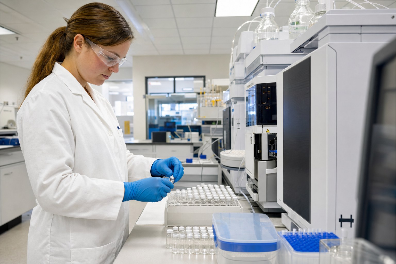 Laboratory professional preparing sample vials beside analytical testing equipment