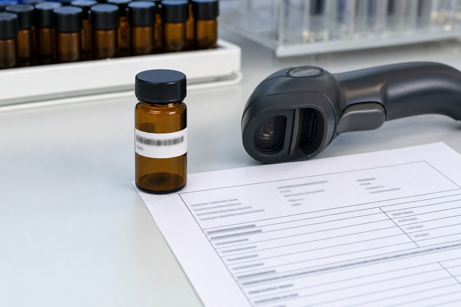 Amber sample vial, barcode scanner, and quality document used to match lot records