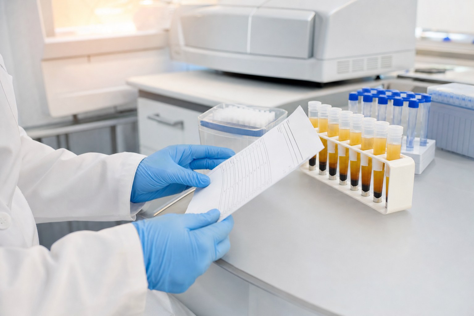 Laboratory professional reviewing documentation beside sample vials