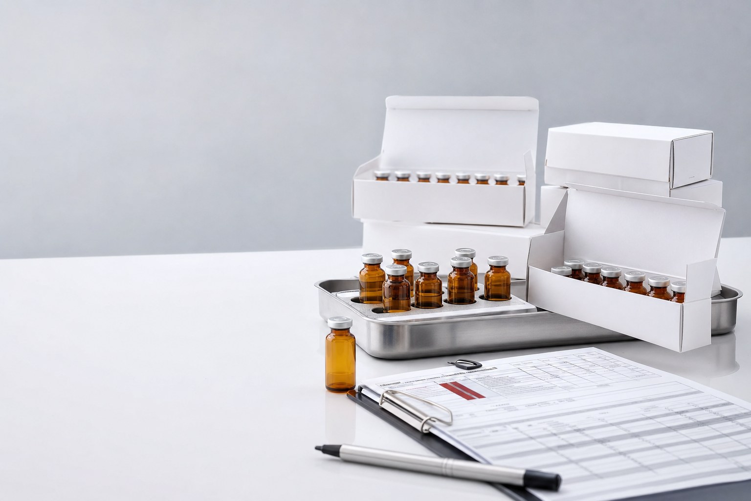 Amber vials, sealed cartons, and quality-control materials on a laboratory tray
