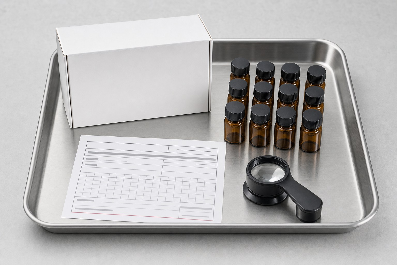Quality-control materials, vials and a batch record on a lab tray