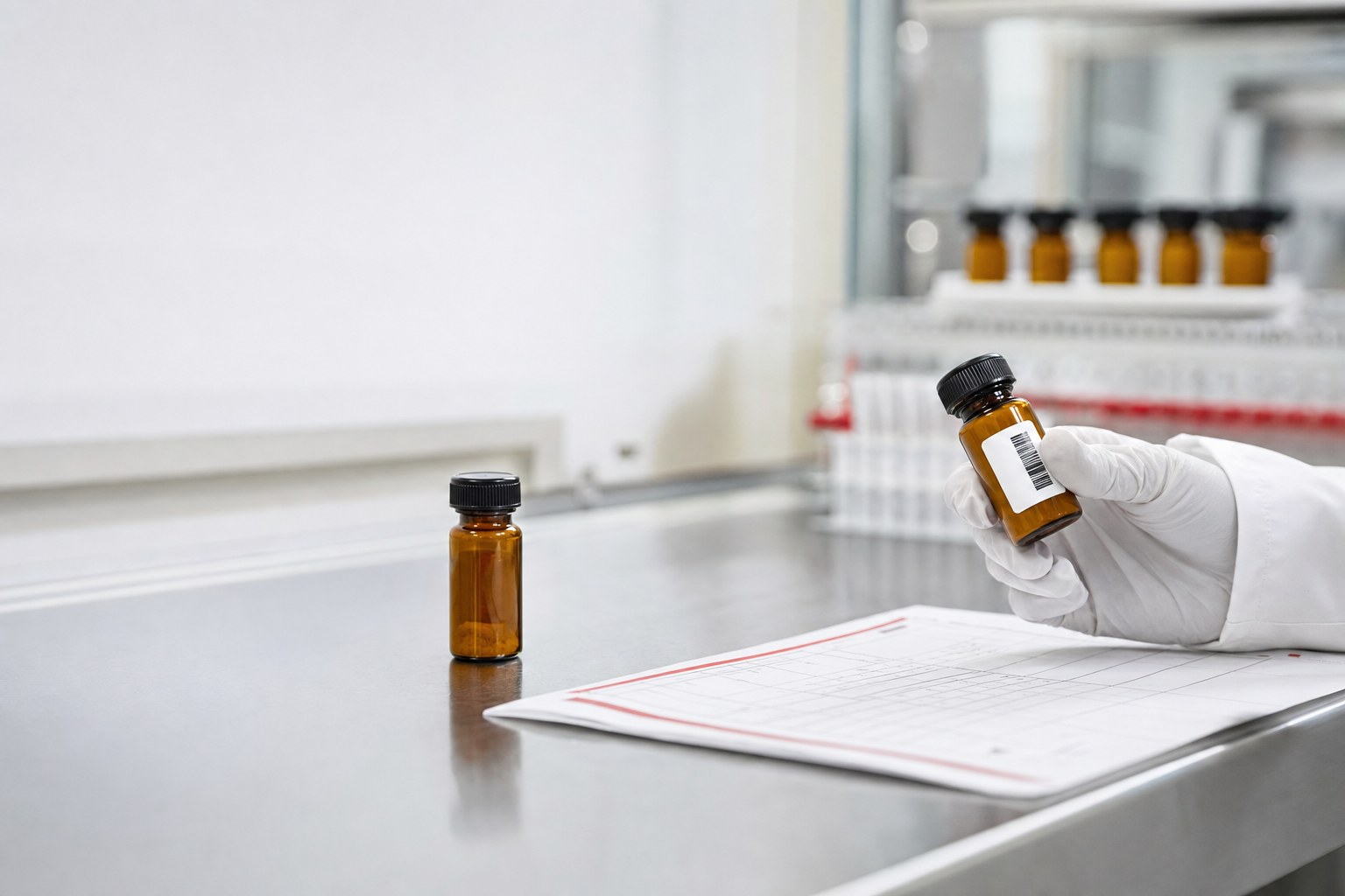 Gloved quality-control professional comparing an amber vial and lot record in a laboratory