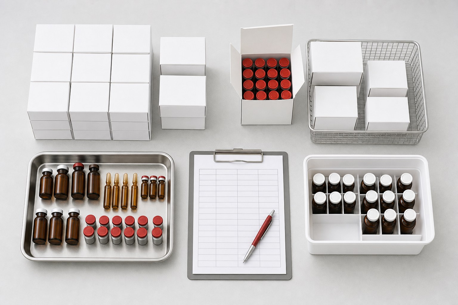 Organized unbranded amber vials and plain cartons arranged for clinic inventory review