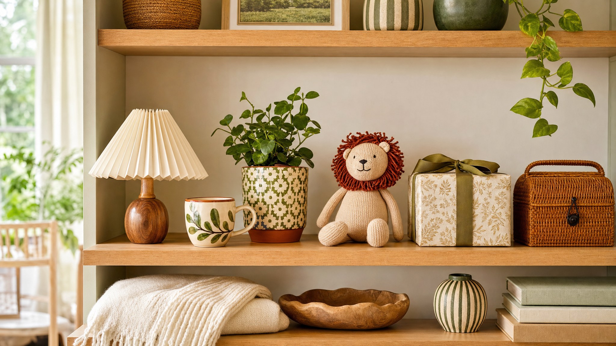 Gift-ready home goods and a small toy arranged on a bright wooden shelf