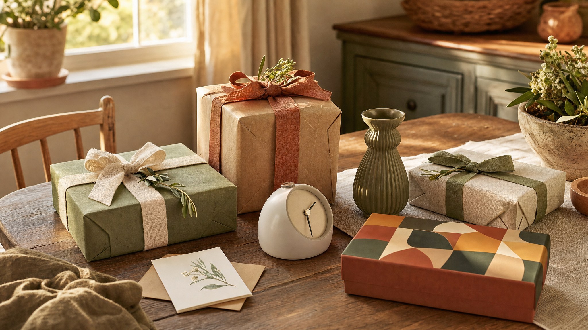 Wrapped gifts, a small clock, and home accents on a sunlit table