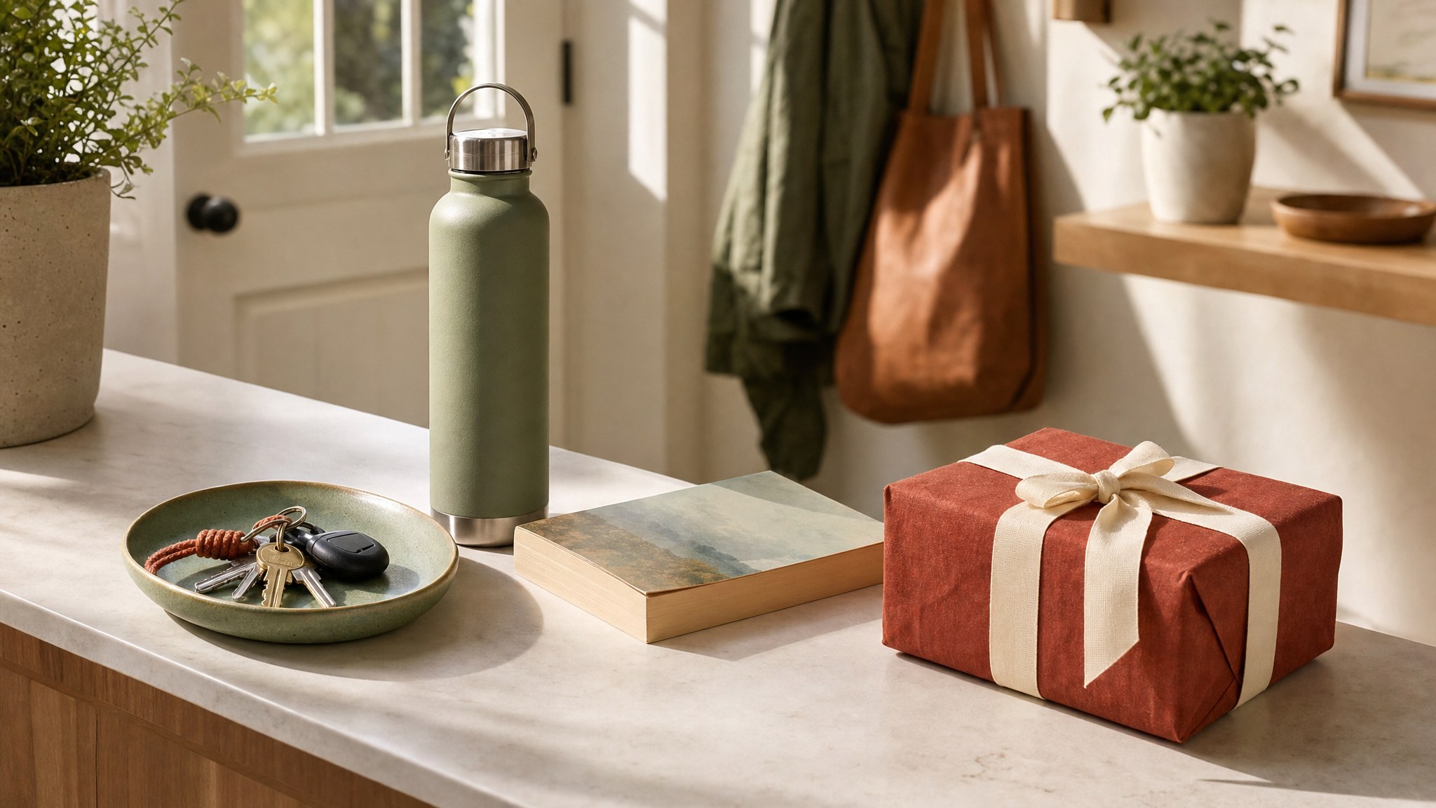Daily essentials and a wrapped gift arranged on a bright kitchen counter