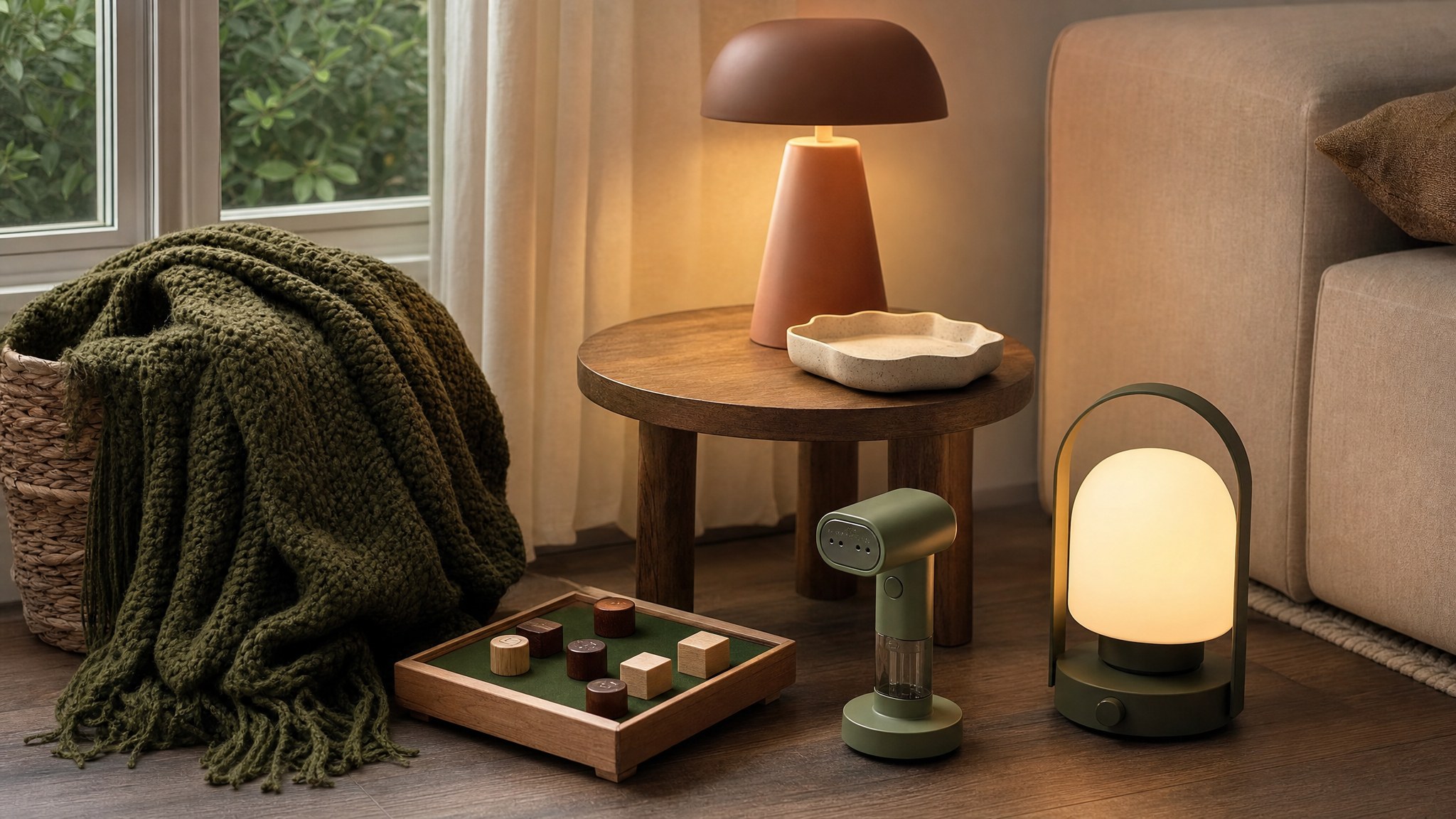 Cozy throw, tabletop game, lamp, lantern, and small household gadget