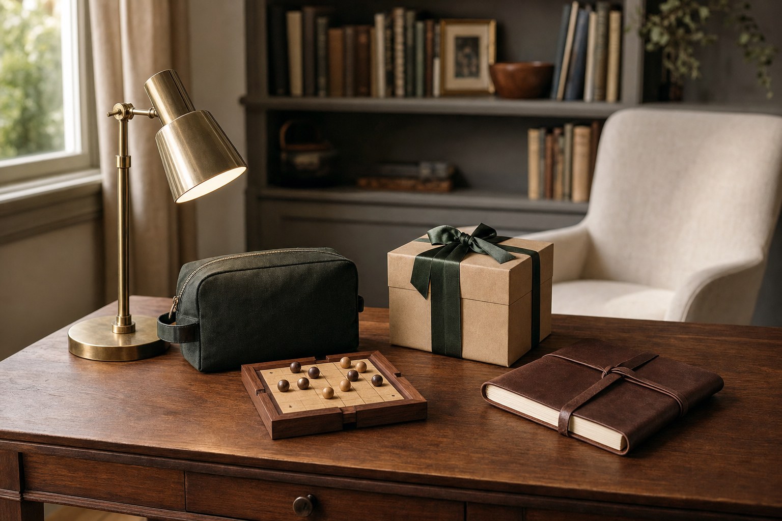Desk lamp, travel pouch, tabletop game, journal, and wrapped gift arranged on a walnut desk