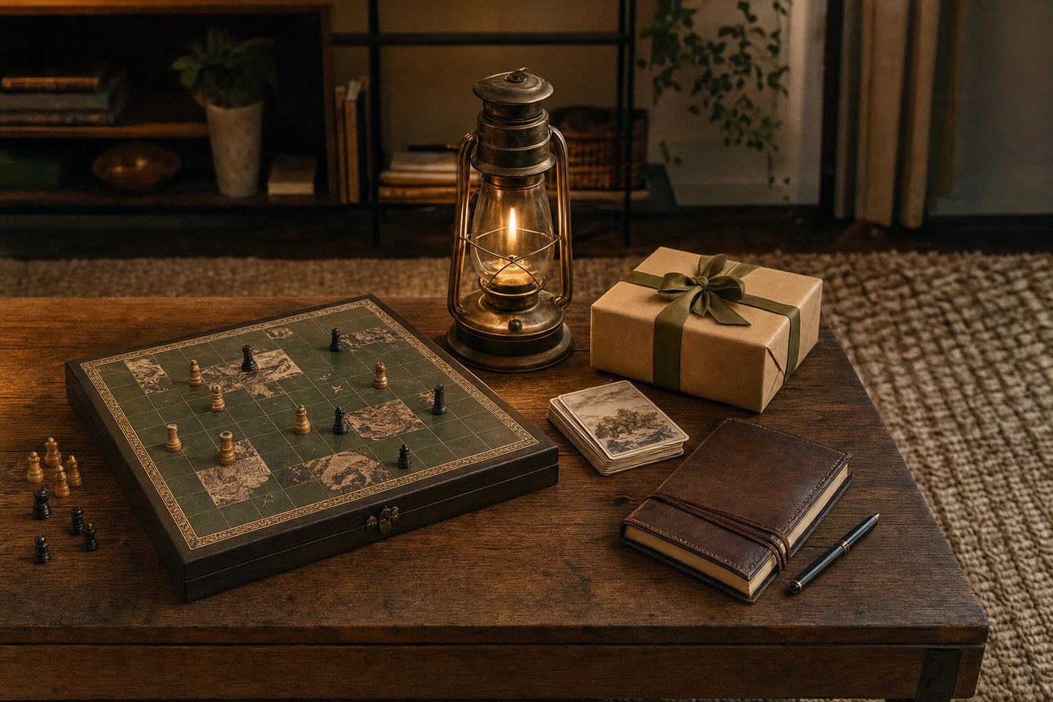 Tabletop strategy game, lantern, cards, notebook, and gift on a warm coffee table