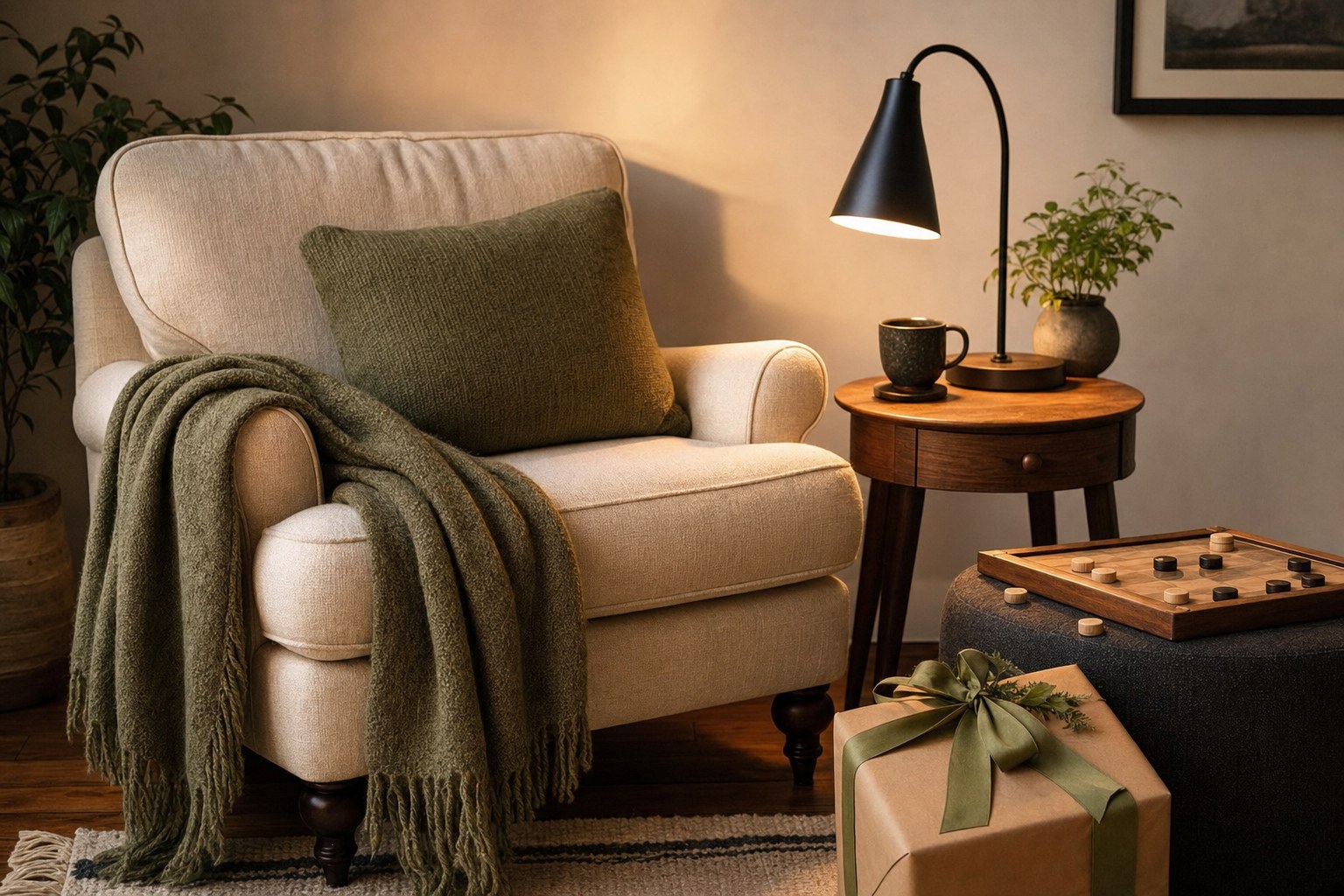 Cozy reading chair with a throw, lamp, tabletop game, and wrapped gift