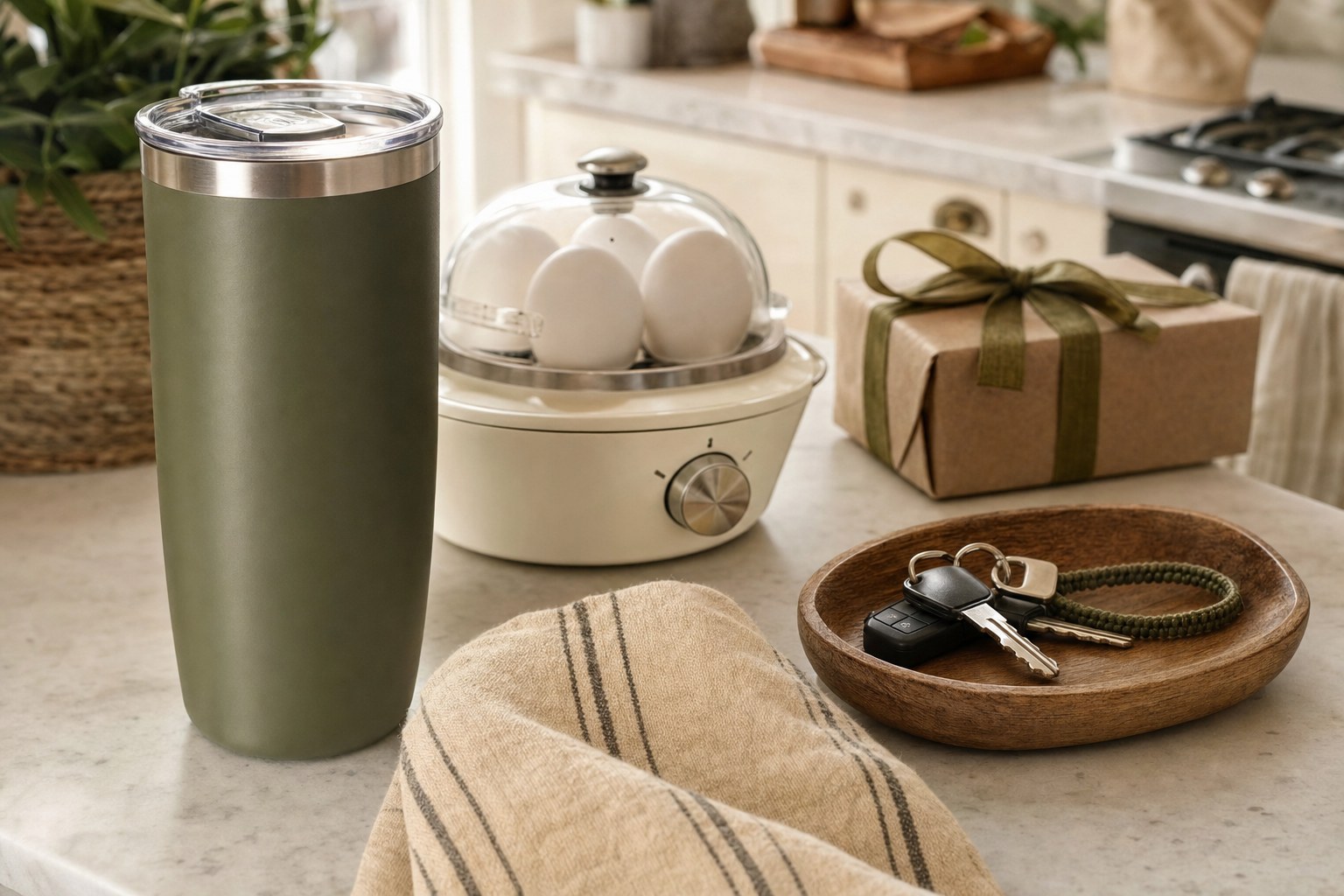 Travel cup, kitchen helper, key tray, and wrapped gift on a bright kitchen counter