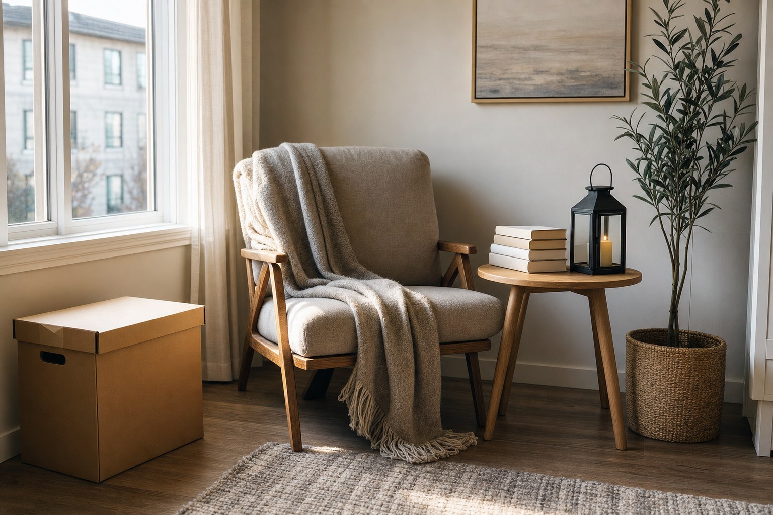 Cozy reading chair with a soft throw, lantern, and moving box in a new apartment