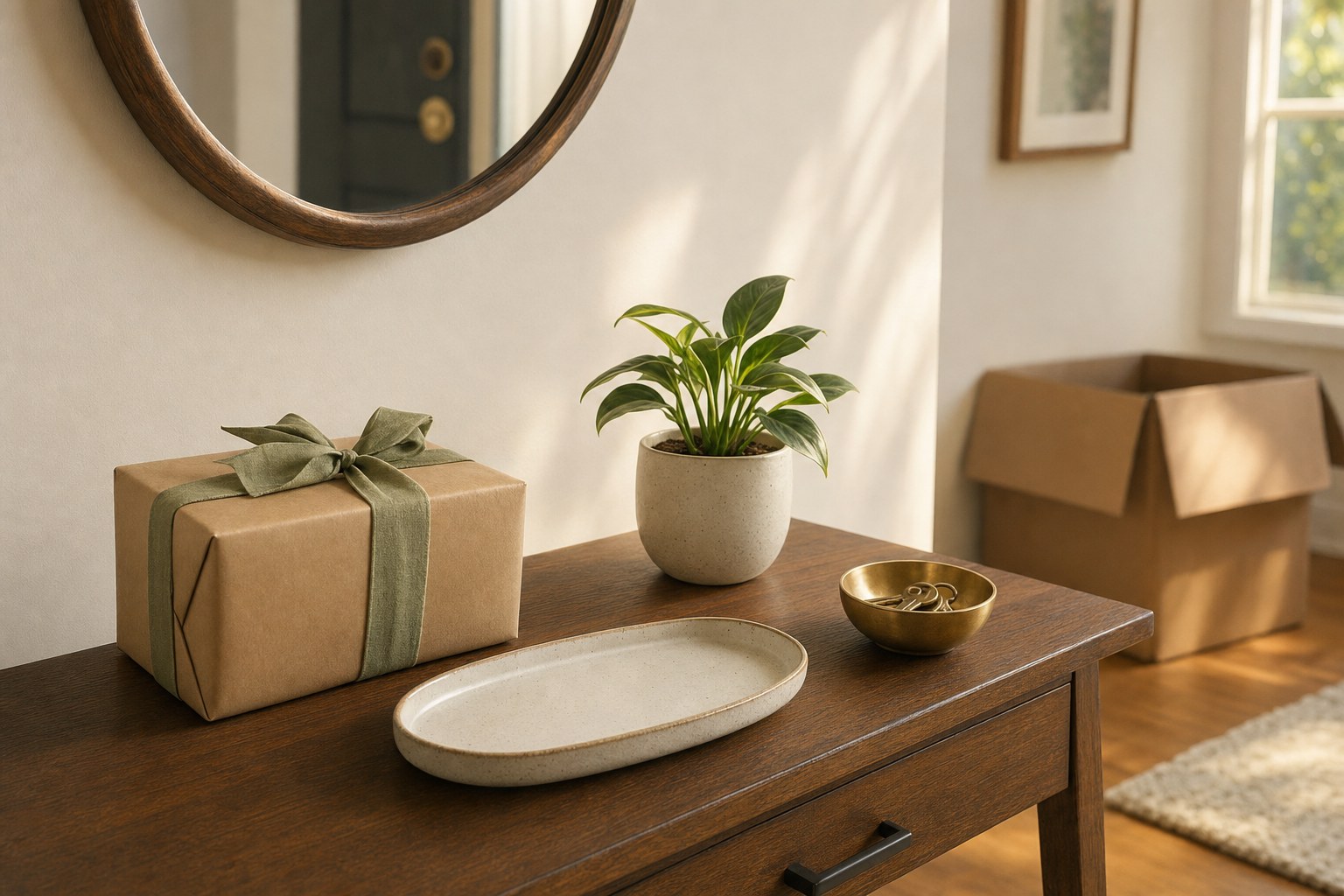 Wrapped housewarming gift, plant, key bowl, and serving tray on a new-home entry table