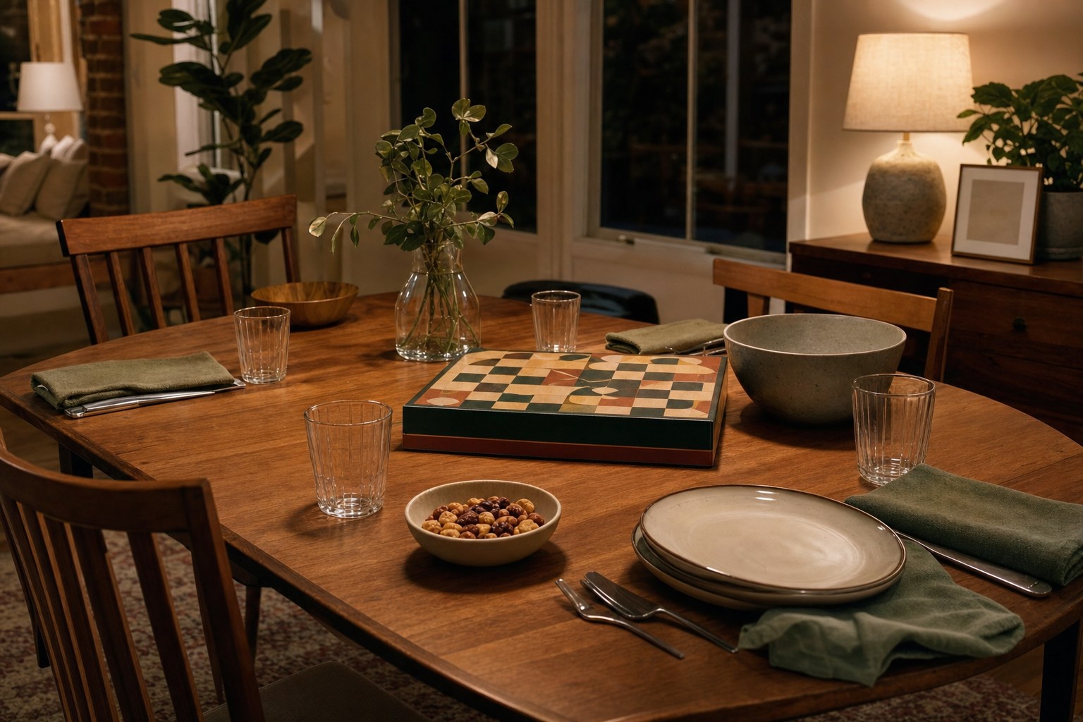 Warmly lit dining table set for a casual new-home gathering