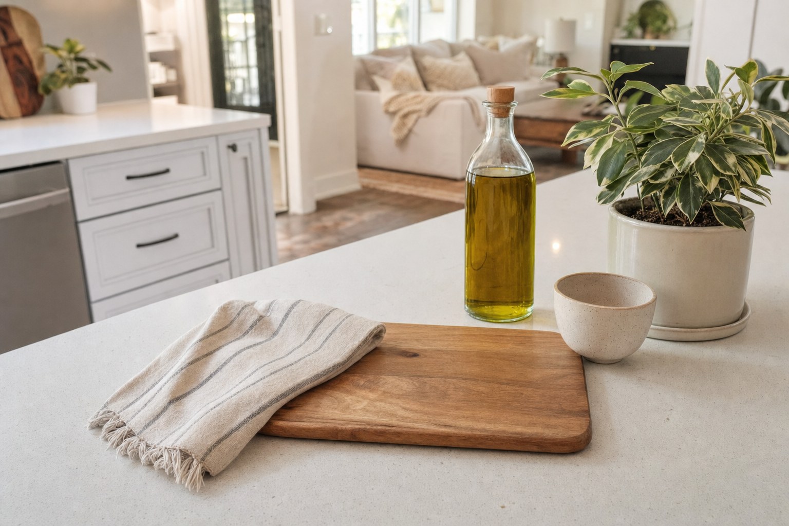 Kitchen counter with a cutting board, linen towel, ceramic bowl, and plant