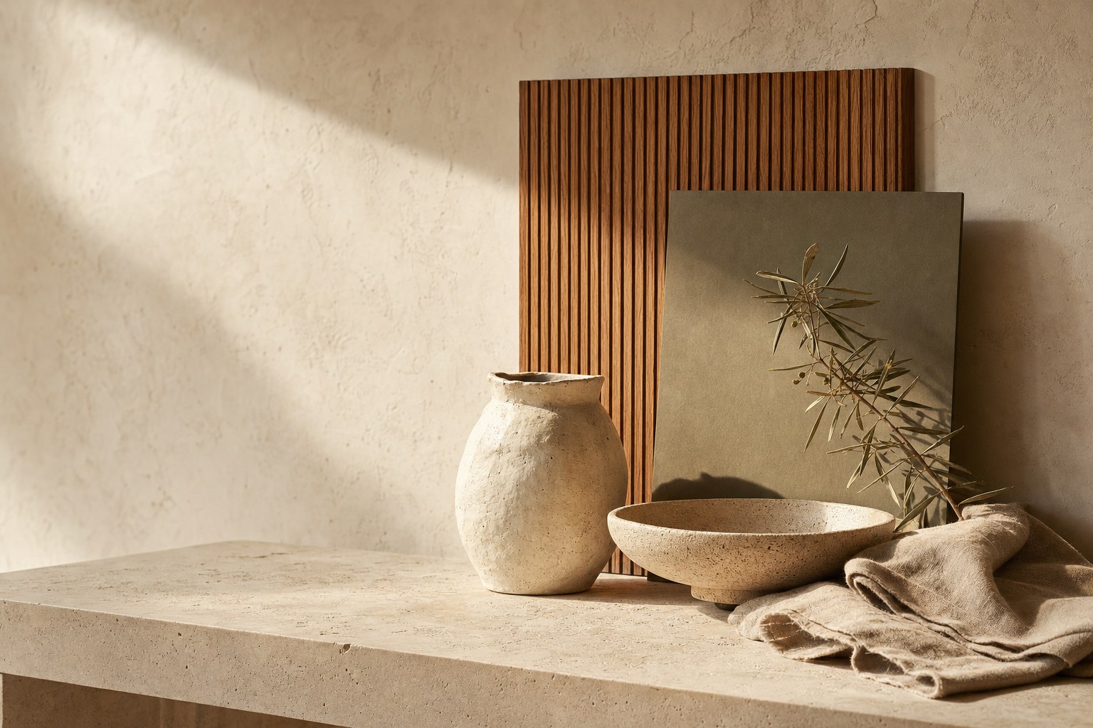 Handmade ceramics, wood, olive branch, and linen arranged in warm sunlight