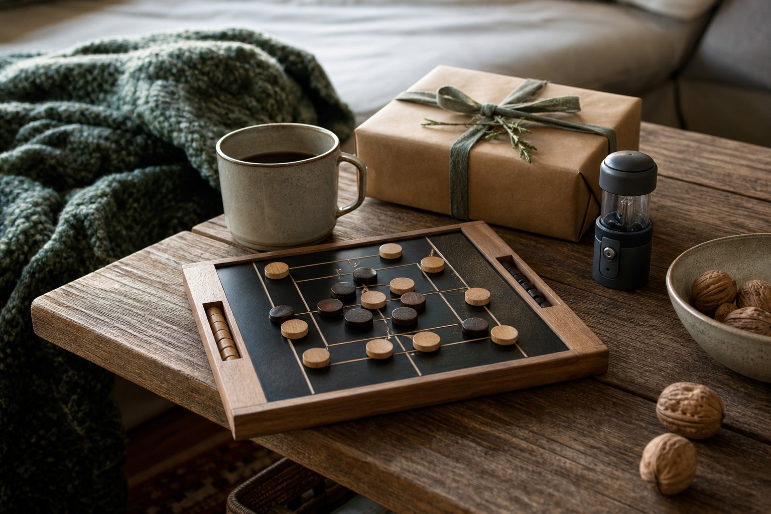 Wrapped gift, tabletop game, ceramic mug, and a compact lantern on a wood coffee table
