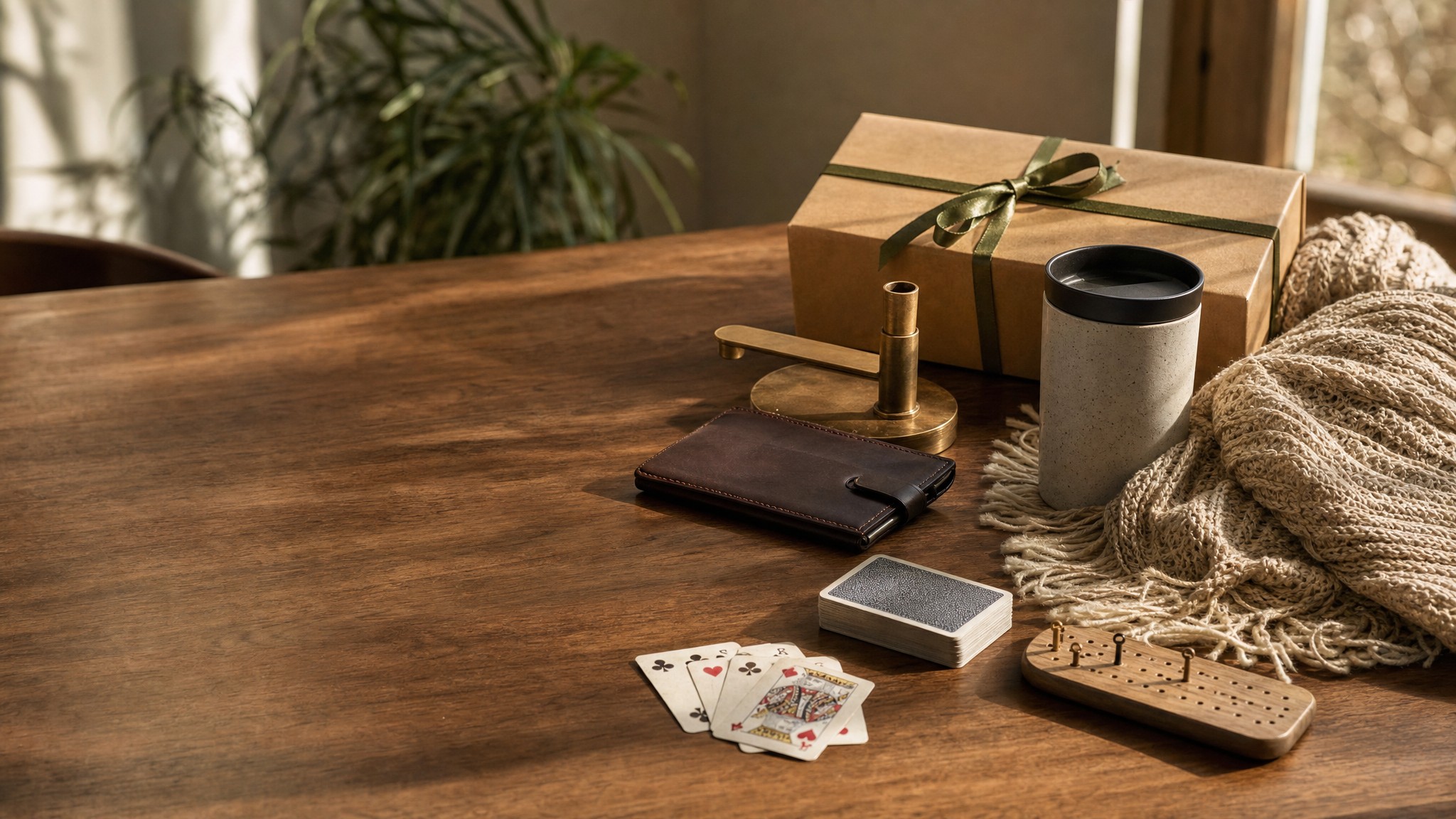 Wrapped gift, leather notebook, travel mug, playing cards, and a knit throw arranged on a walnut table