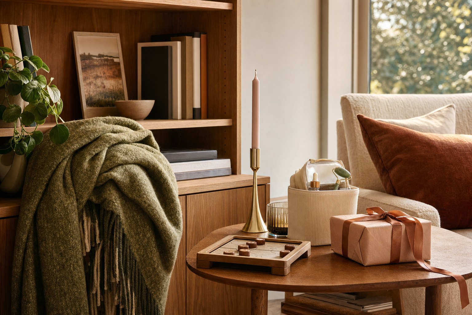 Soft throw, tabletop game, candleholder, beauty organizer, and wrapped gift in a warm living room