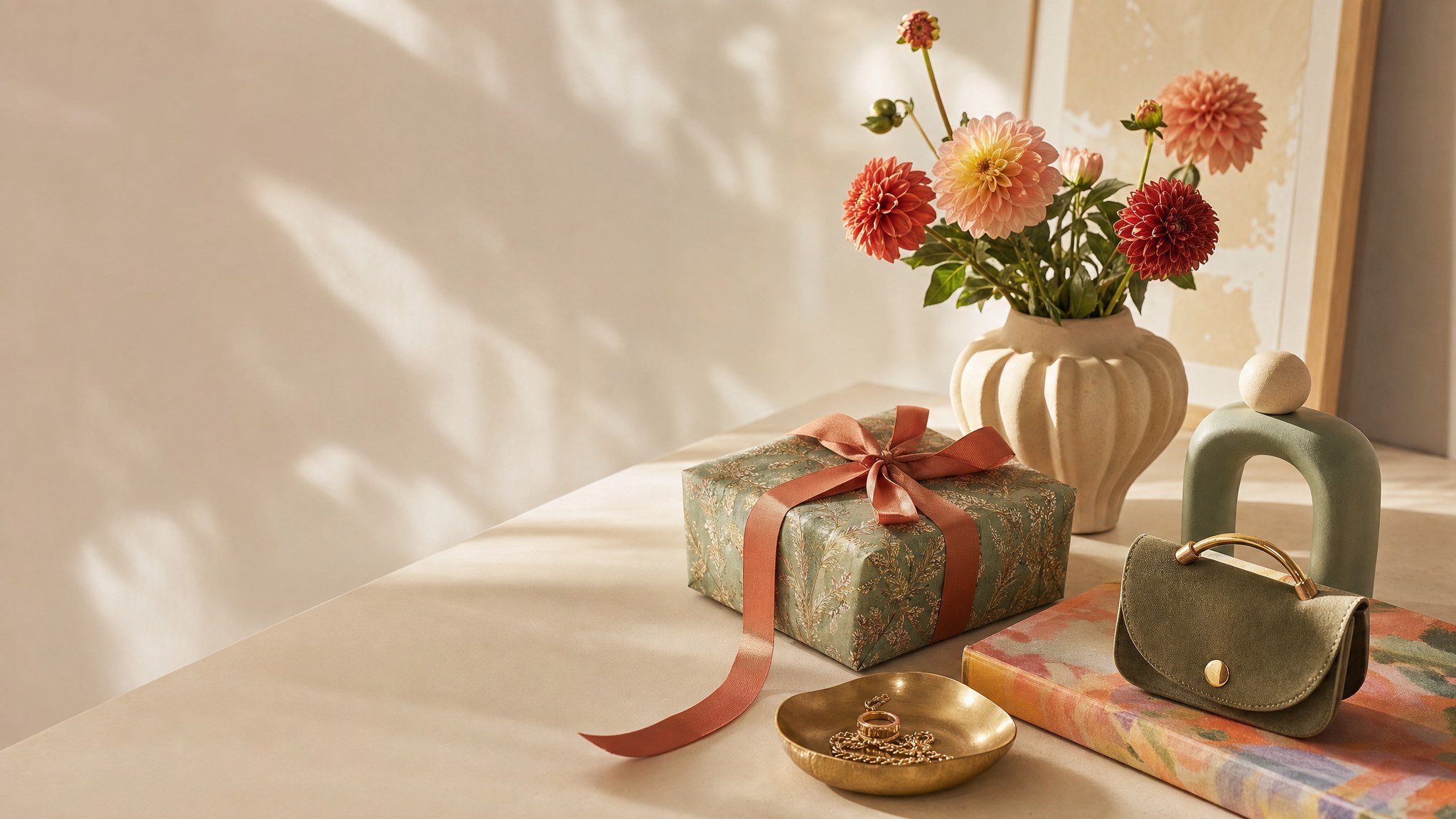 Wrapped gift, flowers, jewelry dish, books, and a small handbag arranged in warm sunlight