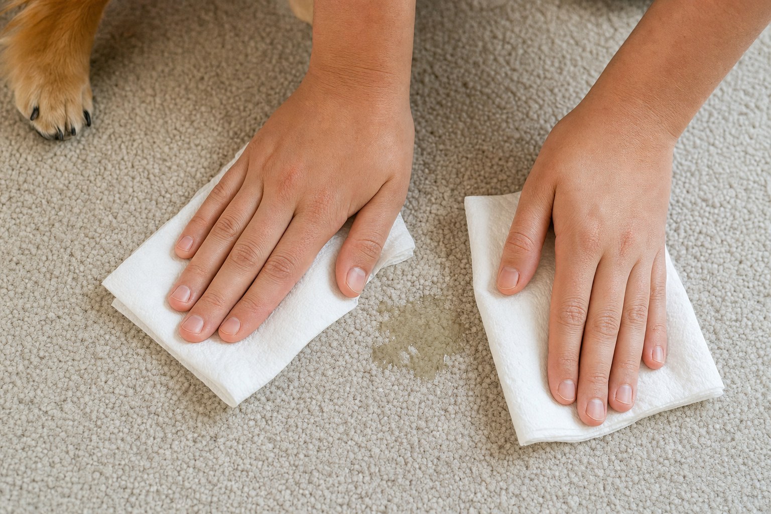 Hands blotting a fresh pet stain from a pale carpet with clean towels