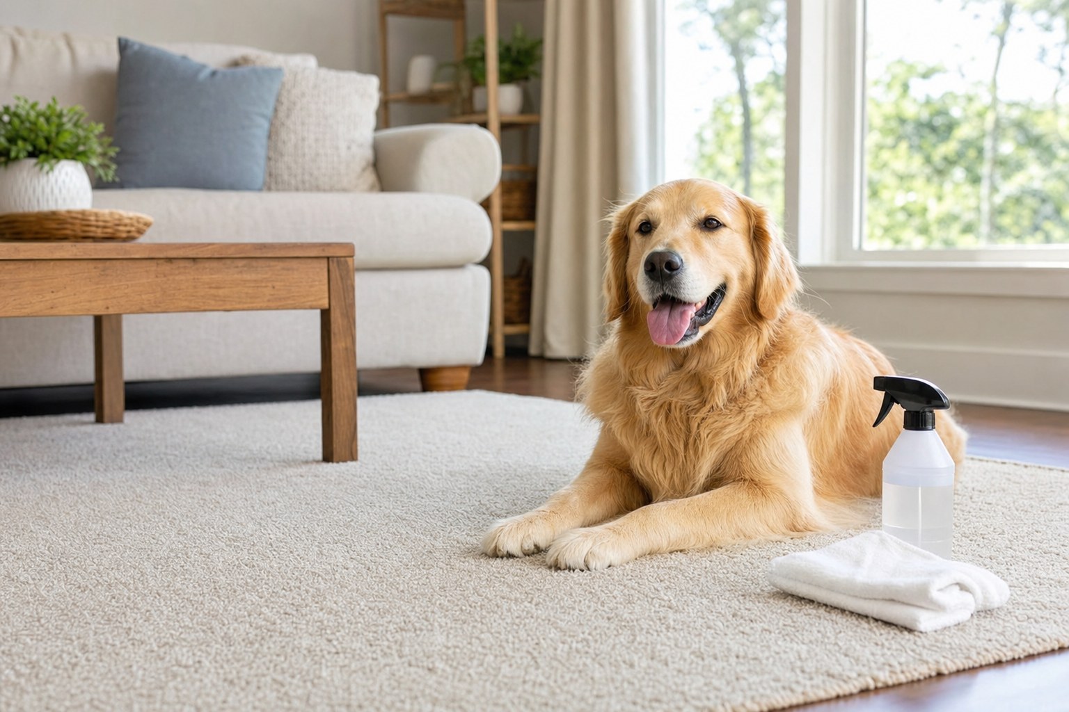 Golden retriever resting beside a clean carpet with a cloth and cleaner nearby