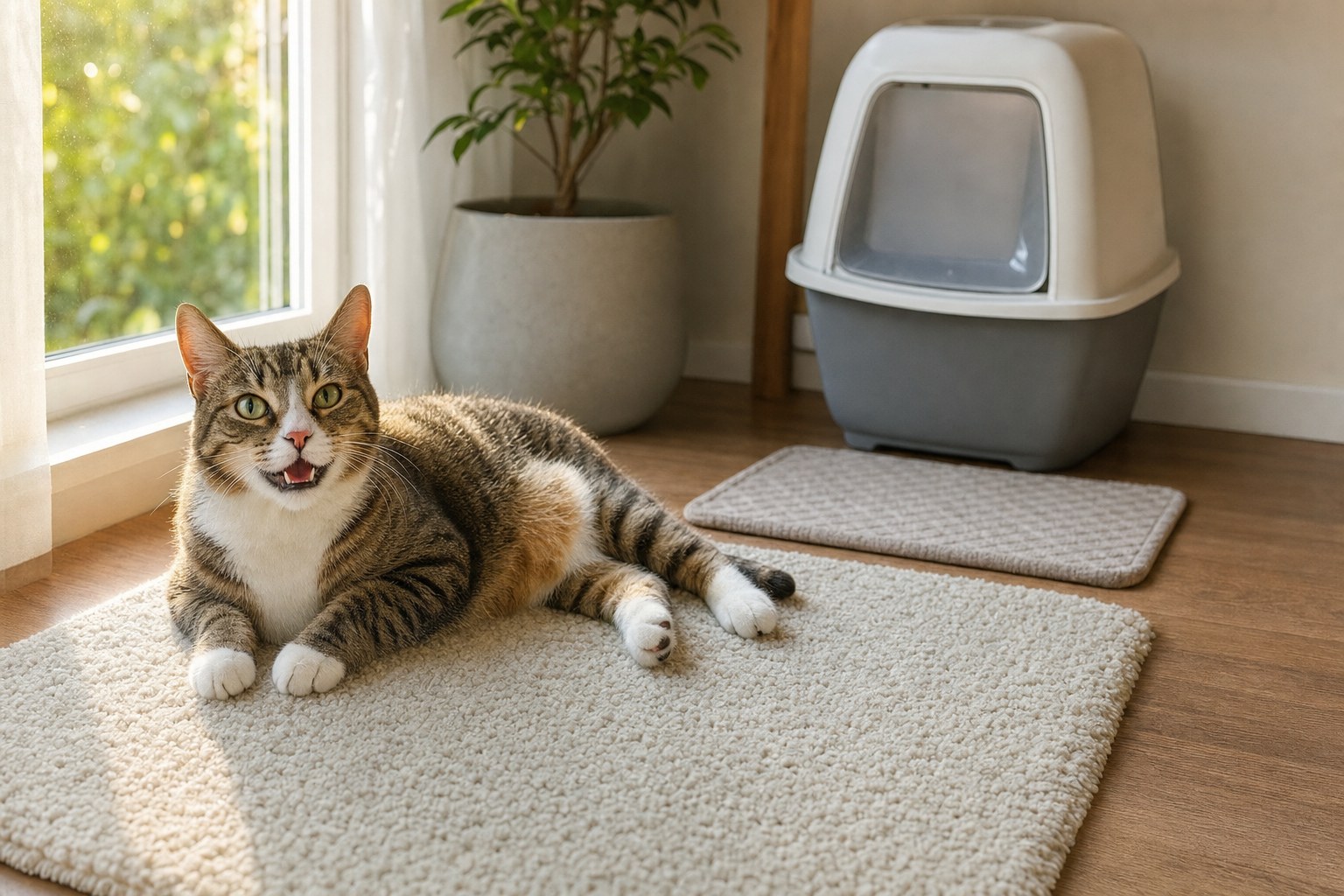 A cat resting on a clean rug beside a litter box and washable mat