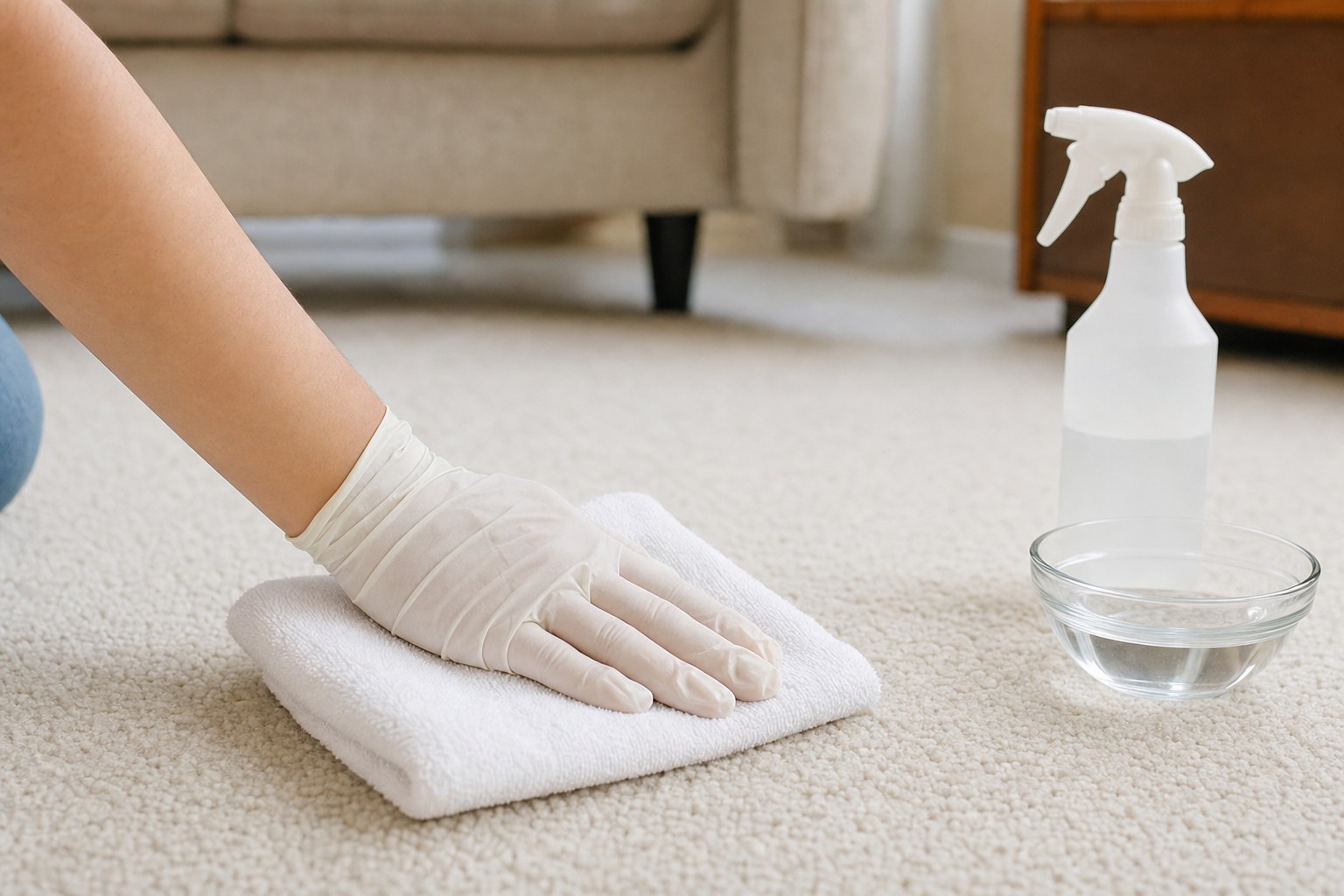 A gloved hand pressing a white towel onto a pale carpet beside cleaning supplies