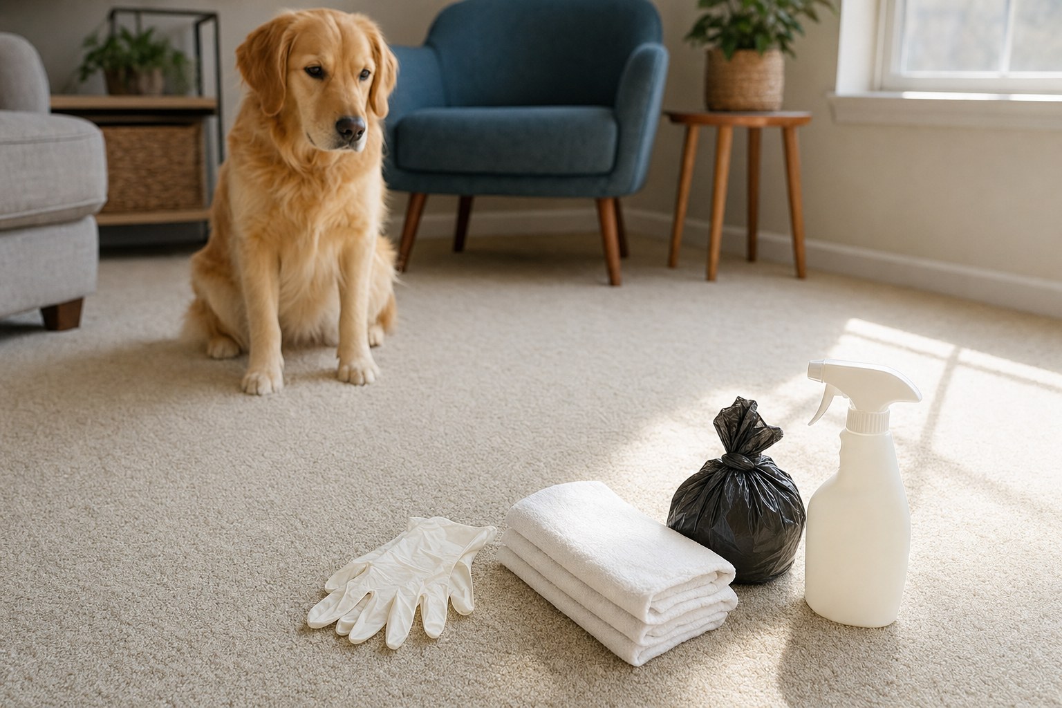Golden retriever beside a clean carpet with towels, gloves, and pet cleanup supplies