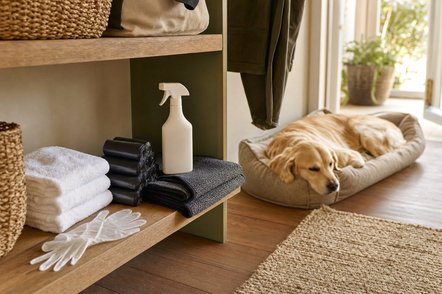 Pet cleanup supplies arranged on a shelf beside a sleeping golden retriever