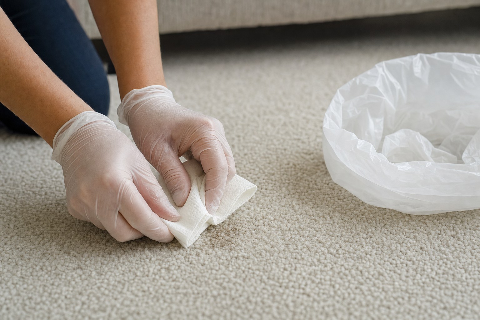 Gloved hands lifting a small mess from a pale carpet with folded paper towels