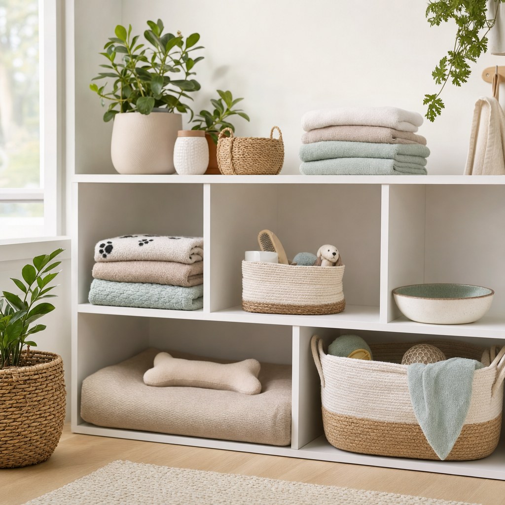 A tidy home pet care shelf with towels, grooming supplies, and a pet bed