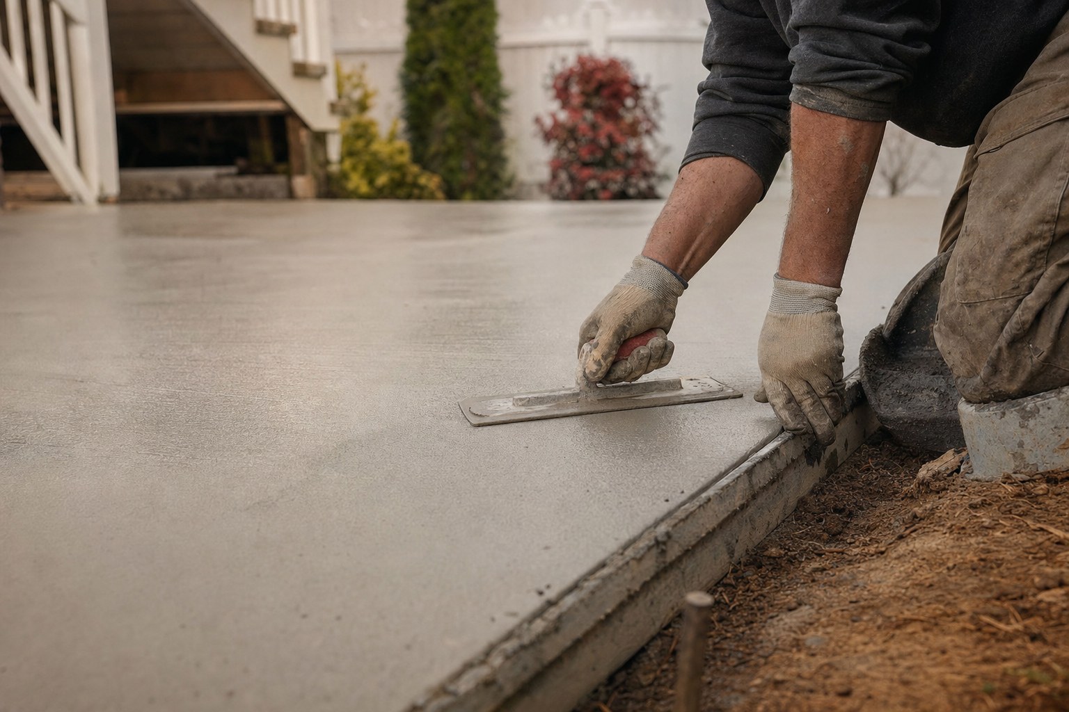 Concrete finisher troweling a fresh residential slab