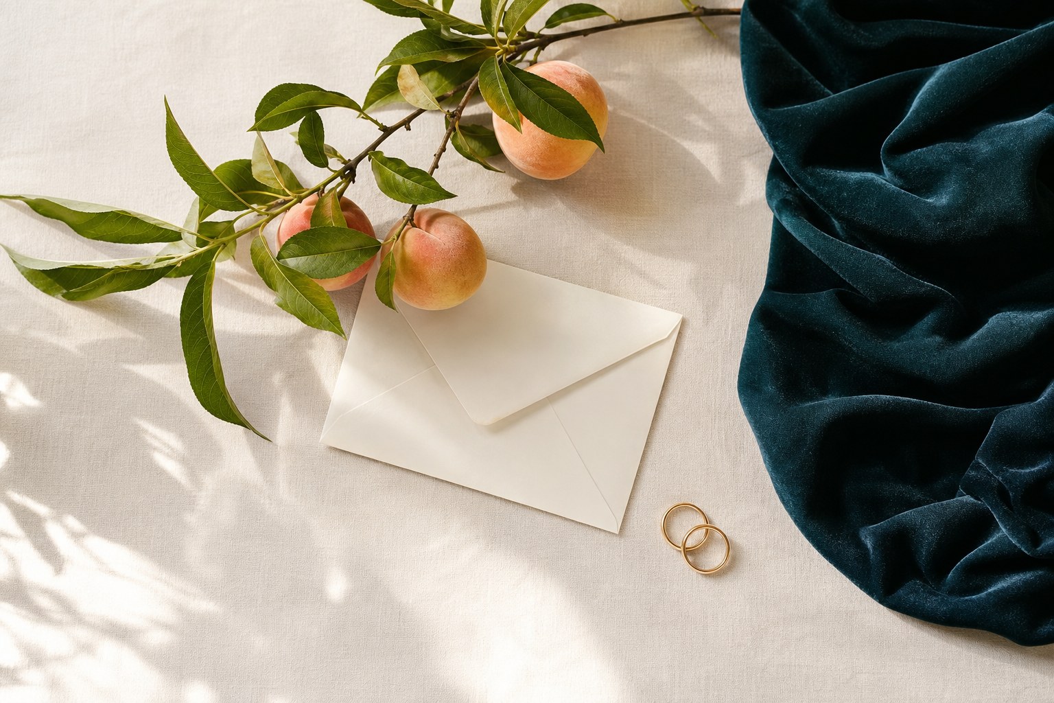 Peaches, an ivory envelope, gold rings, and deep teal fabric arranged on a warm ivory surface