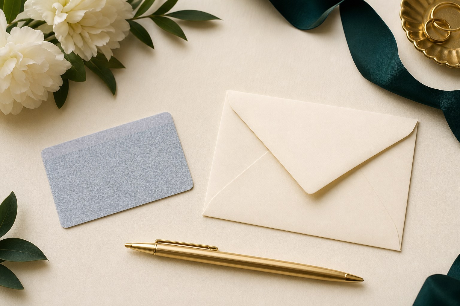 An unmarked identification card, ivory envelope, gold pen, white flowers, and deep teal ribbon arranged on a warm ivory surface