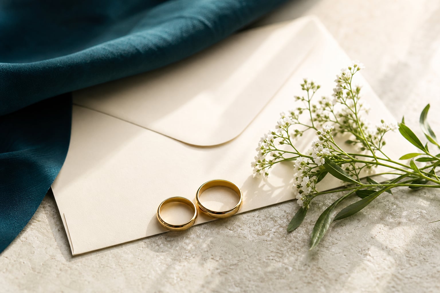 Two gold wedding bands beside an ivory envelope and small white flowers on a warm stone surface